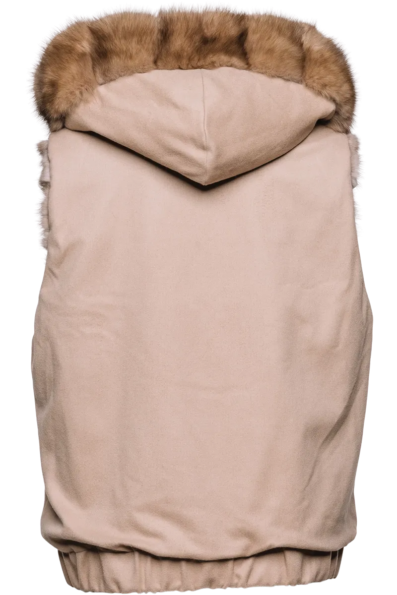 Hooded Reversible Tortora Sable Fur Vest - Loro Piana Cashmere