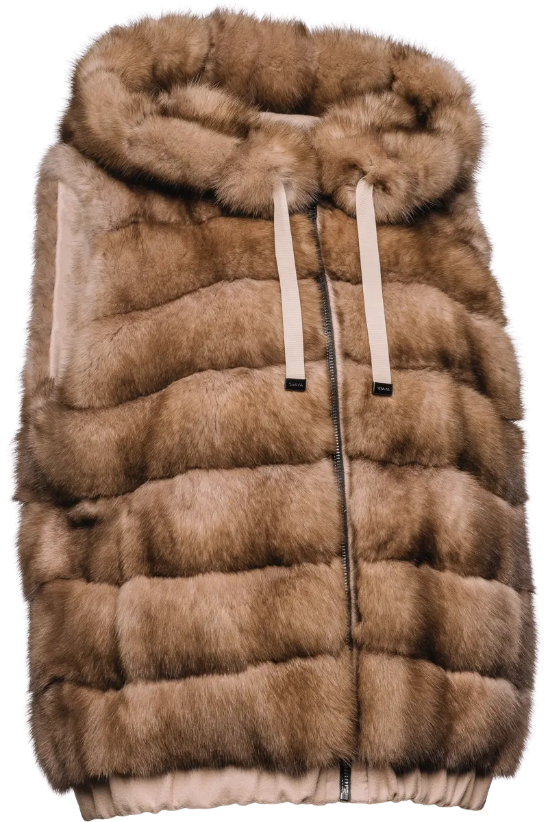 Hooded Reversible Tortora Sable Fur Vest - Loro Piana Cashmere