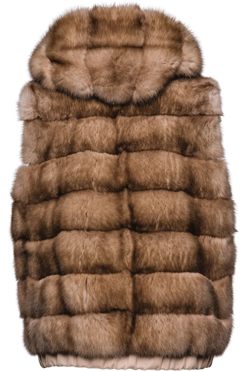 Hooded Reversible Tortora Sable Fur Vest - Loro Piana Cashmere