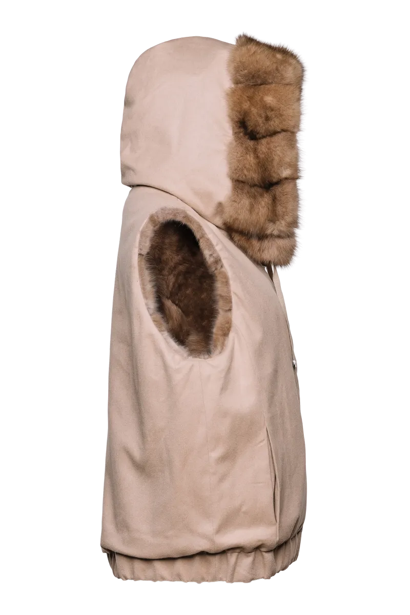Hooded Reversible Tortora Sable Fur Vest - Loro Piana Cashmere