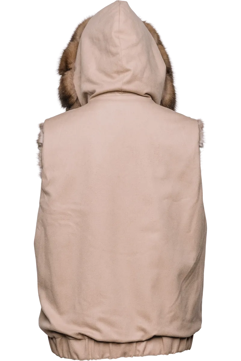 Hooded Reversible Tortora Sable Fur Vest - Loro Piana Cashmere