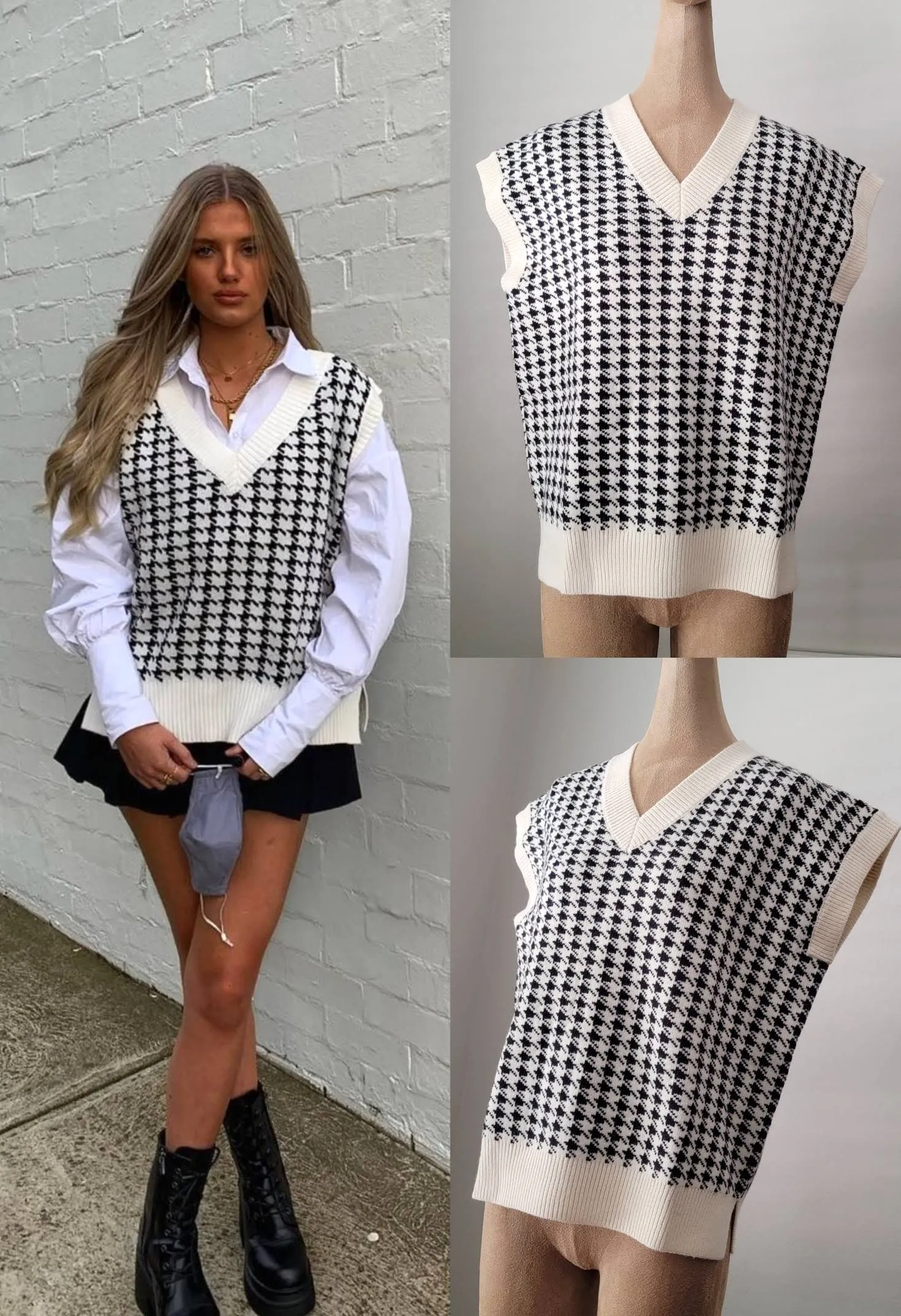 Houndstooth Vest: Ivory/Black