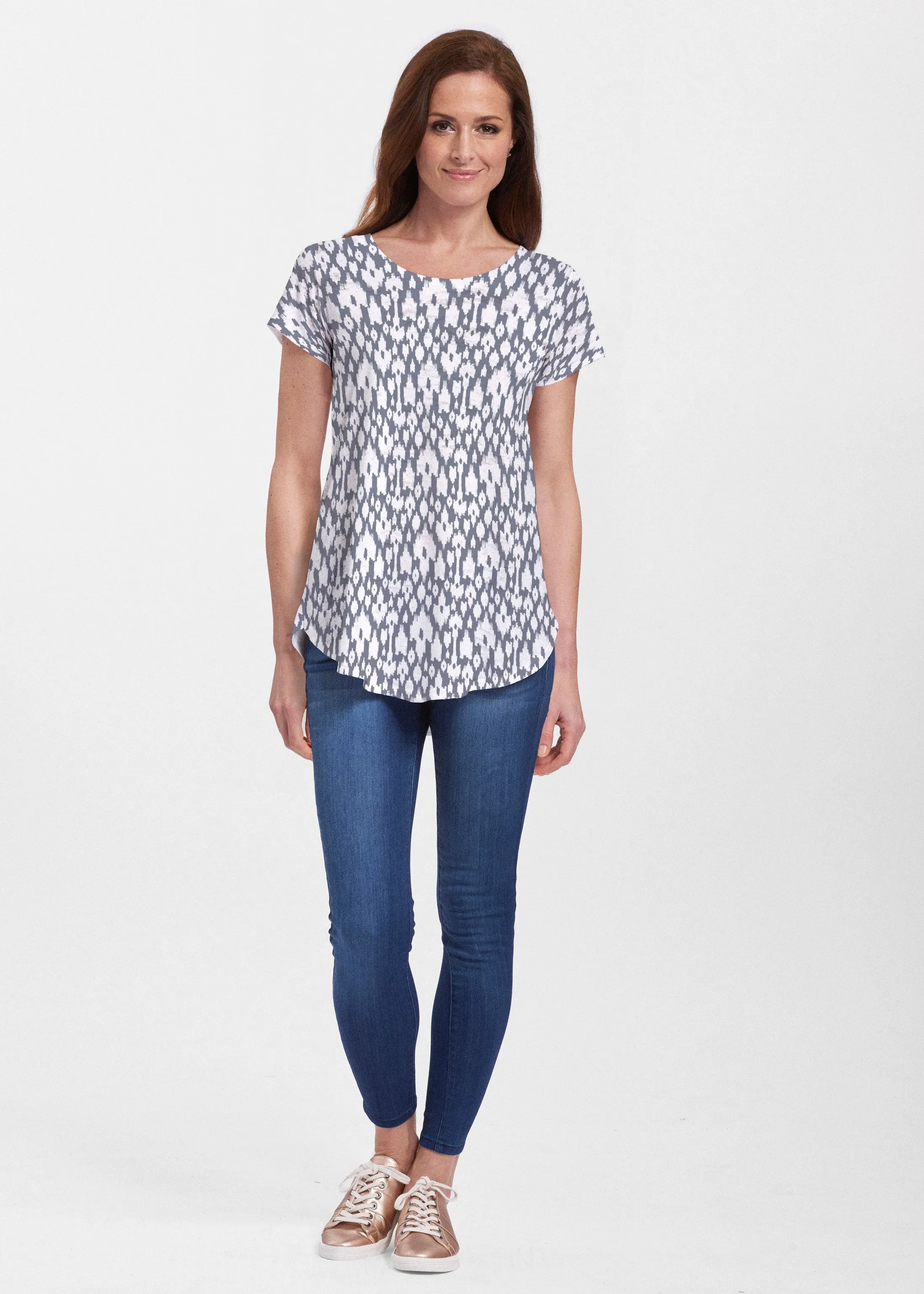 Ikat Lattice Pink (7975) ~ Short Sleeve Scoop Neck Flowy Tunic