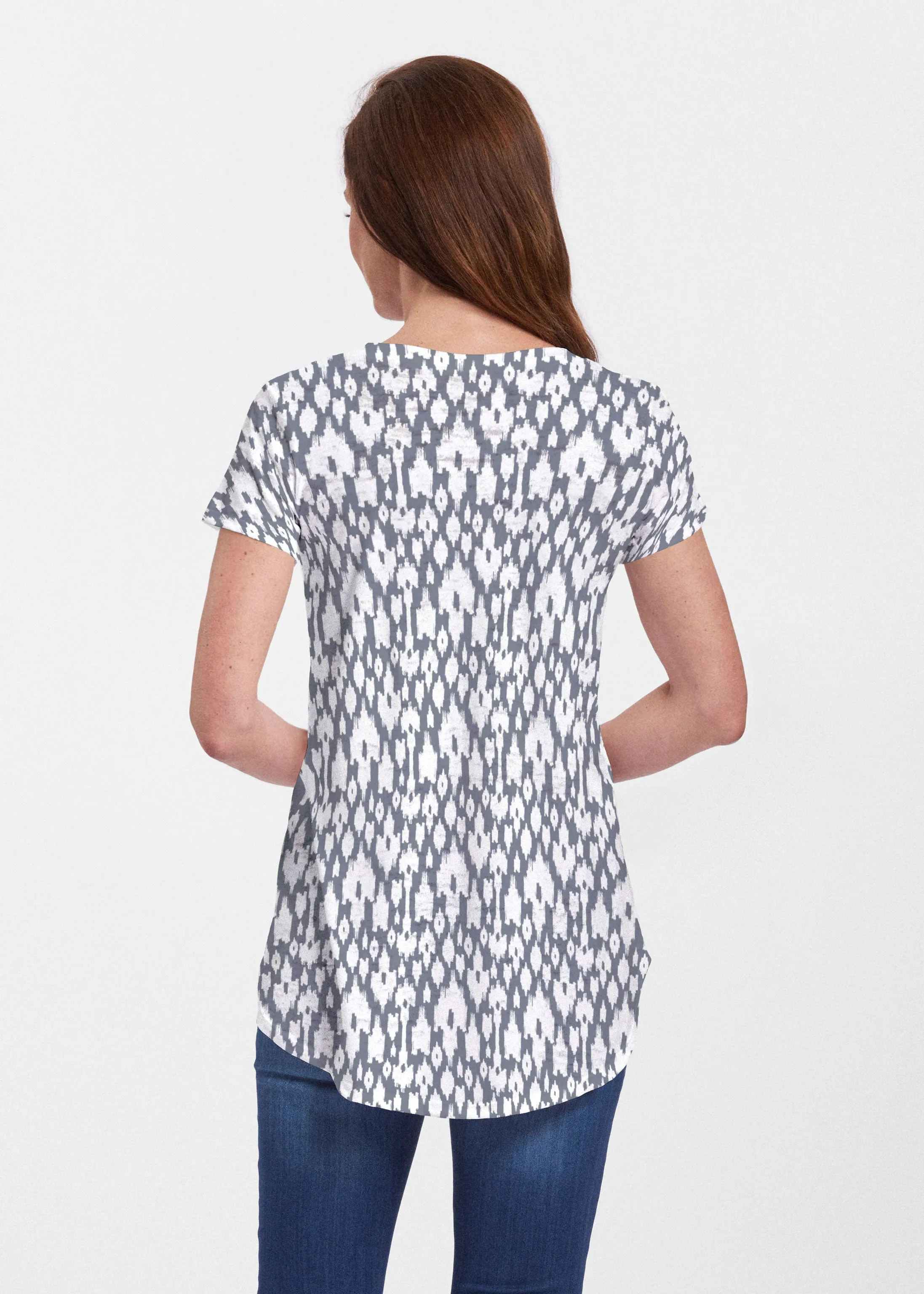 Ikat Lattice Pink (7975) ~ Short Sleeve Scoop Neck Flowy Tunic