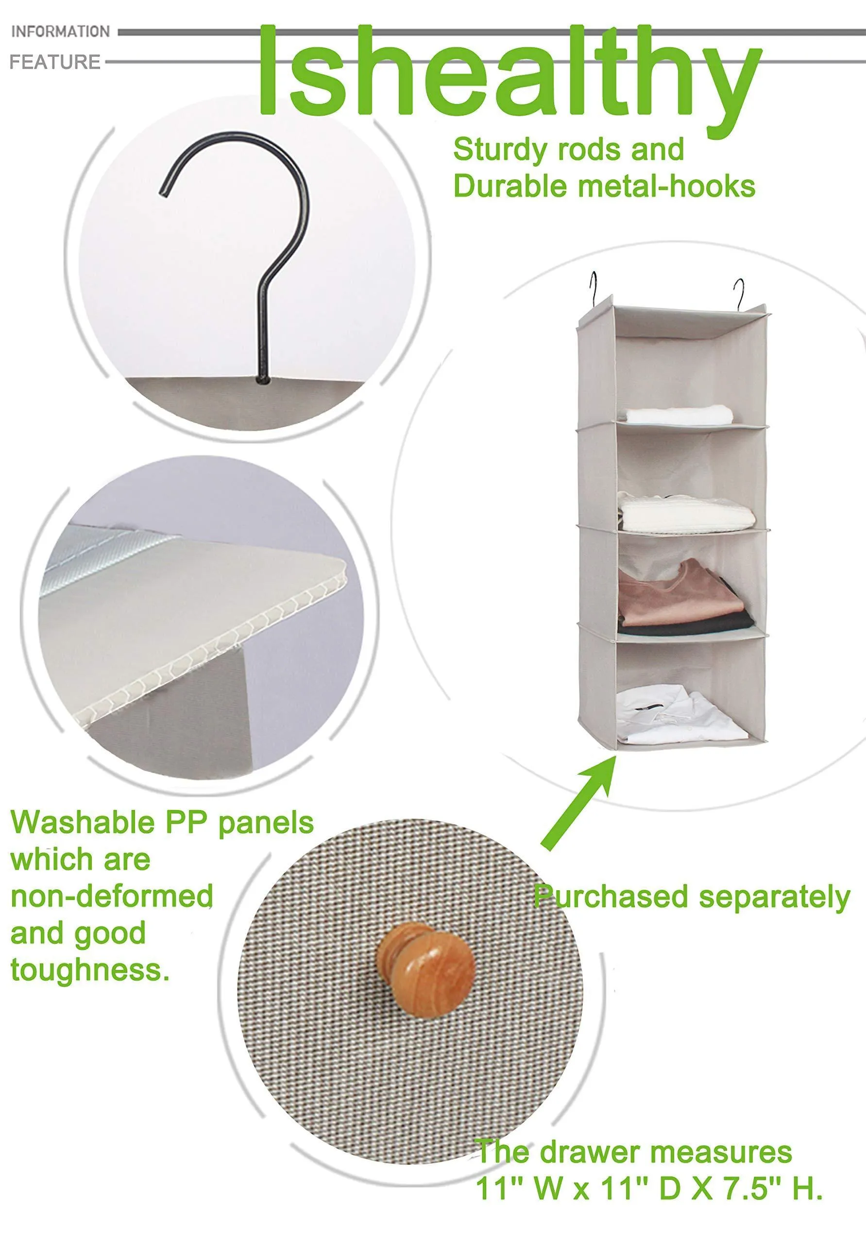 IsHealthy Hanging Closet Organizer, 4-Shelf Cloth Hanging Shelf Houndstooth Imitation Linen Fabric, Easy Mount Collapsible Foldable Hanging Closet Shelves Storage Organizer with 2 Hooks (Gray)