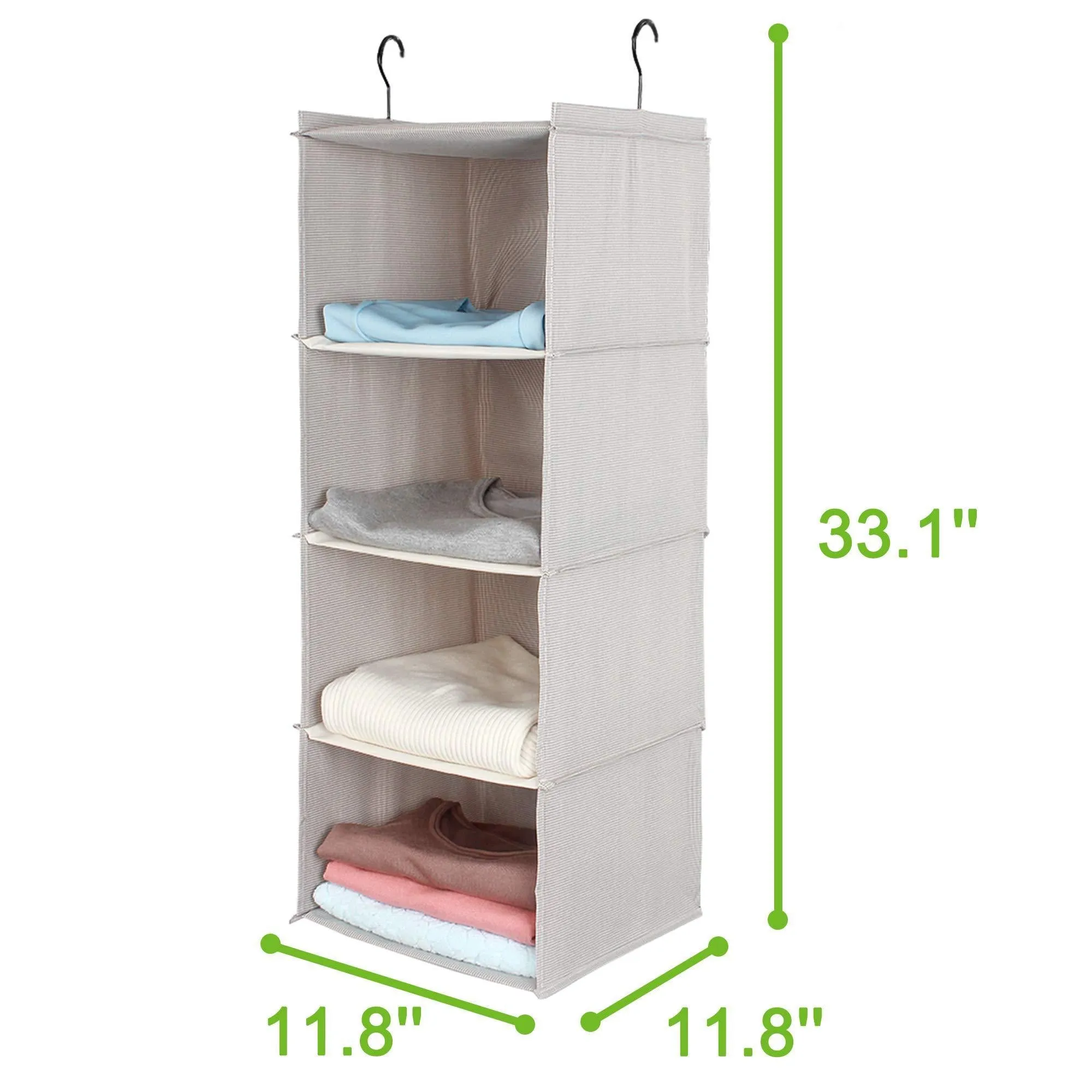 IsHealthy Hanging Closet Organizer, 4-Shelf Cloth Hanging Shelf Houndstooth Imitation Linen Fabric, Easy Mount Collapsible Foldable Hanging Closet Shelves Storage Organizer with 2 Hooks (Gray)