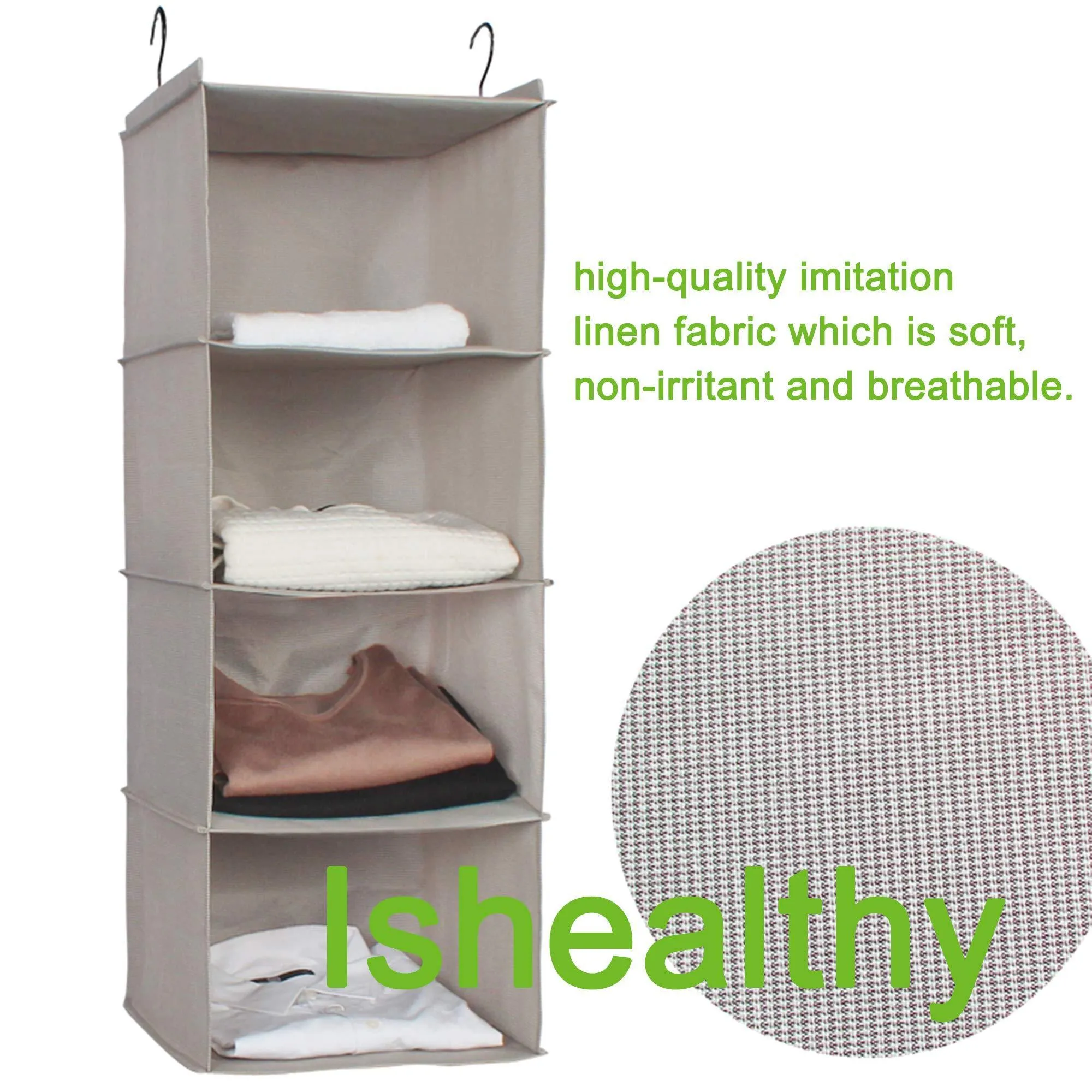 IsHealthy Hanging Closet Organizer, 4-Shelf Cloth Hanging Shelf Houndstooth Imitation Linen Fabric, Easy Mount Collapsible Foldable Hanging Closet Shelves Storage Organizer with 2 Hooks (Gray)