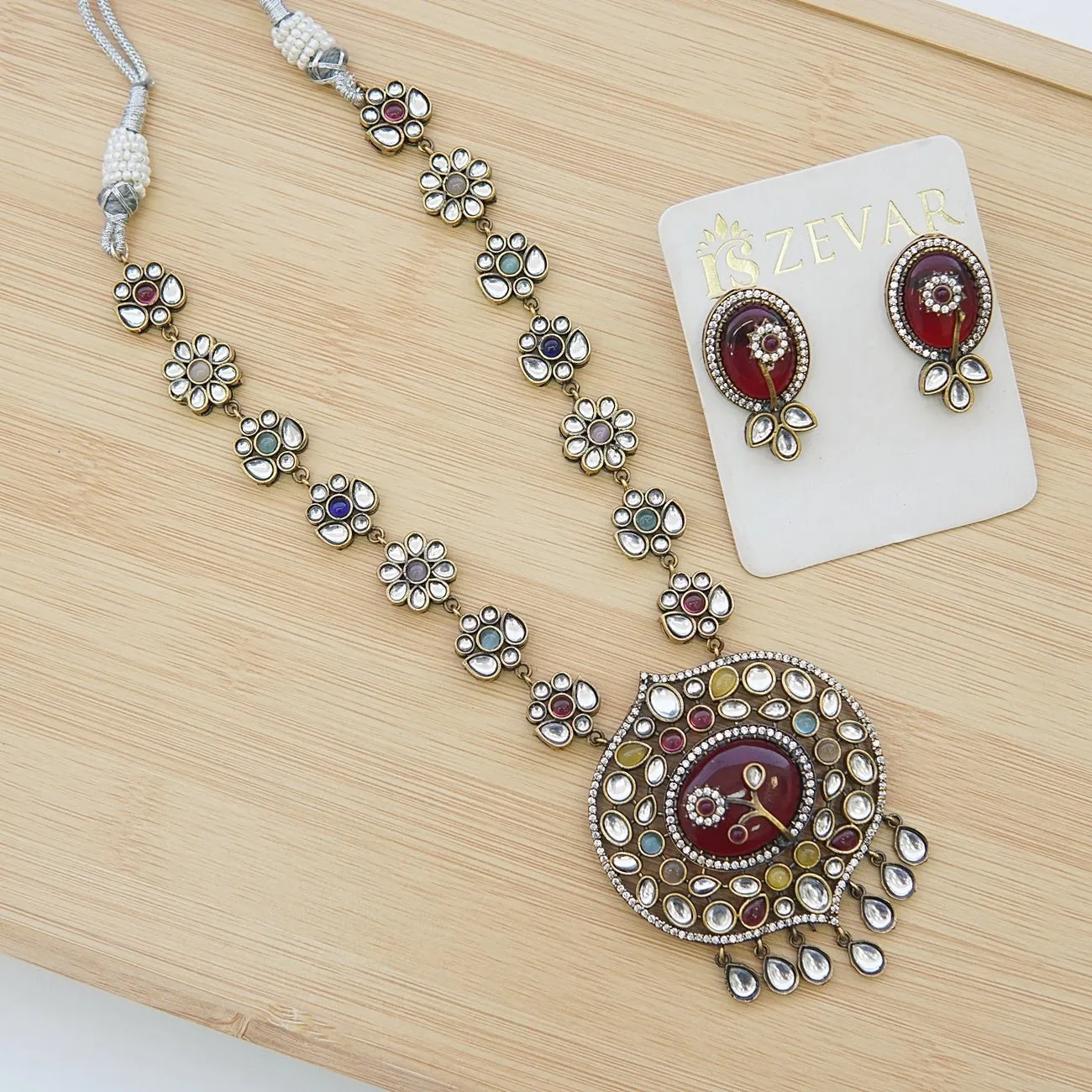 Jaipuri Kundan Oxidized Plating Pendant Set