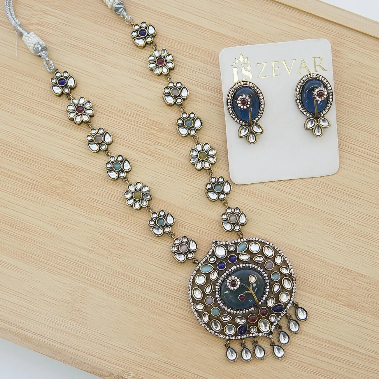 Jaipuri Kundan Oxidized Plating Pendant Set