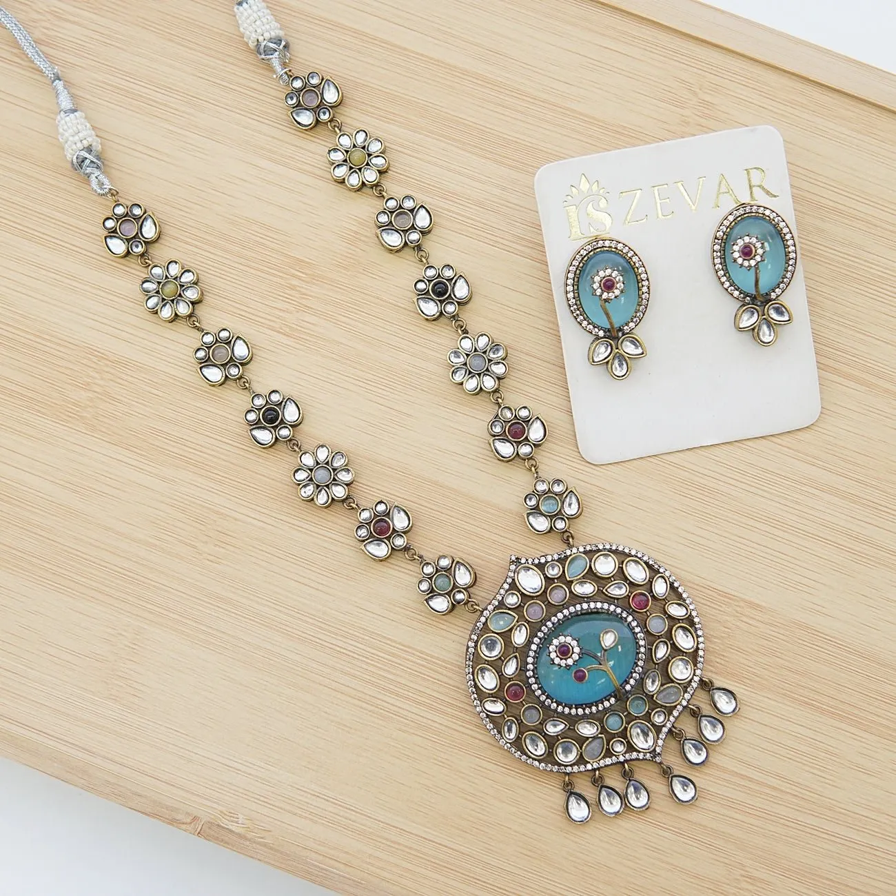 Jaipuri Kundan Oxidized Plating Pendant Set