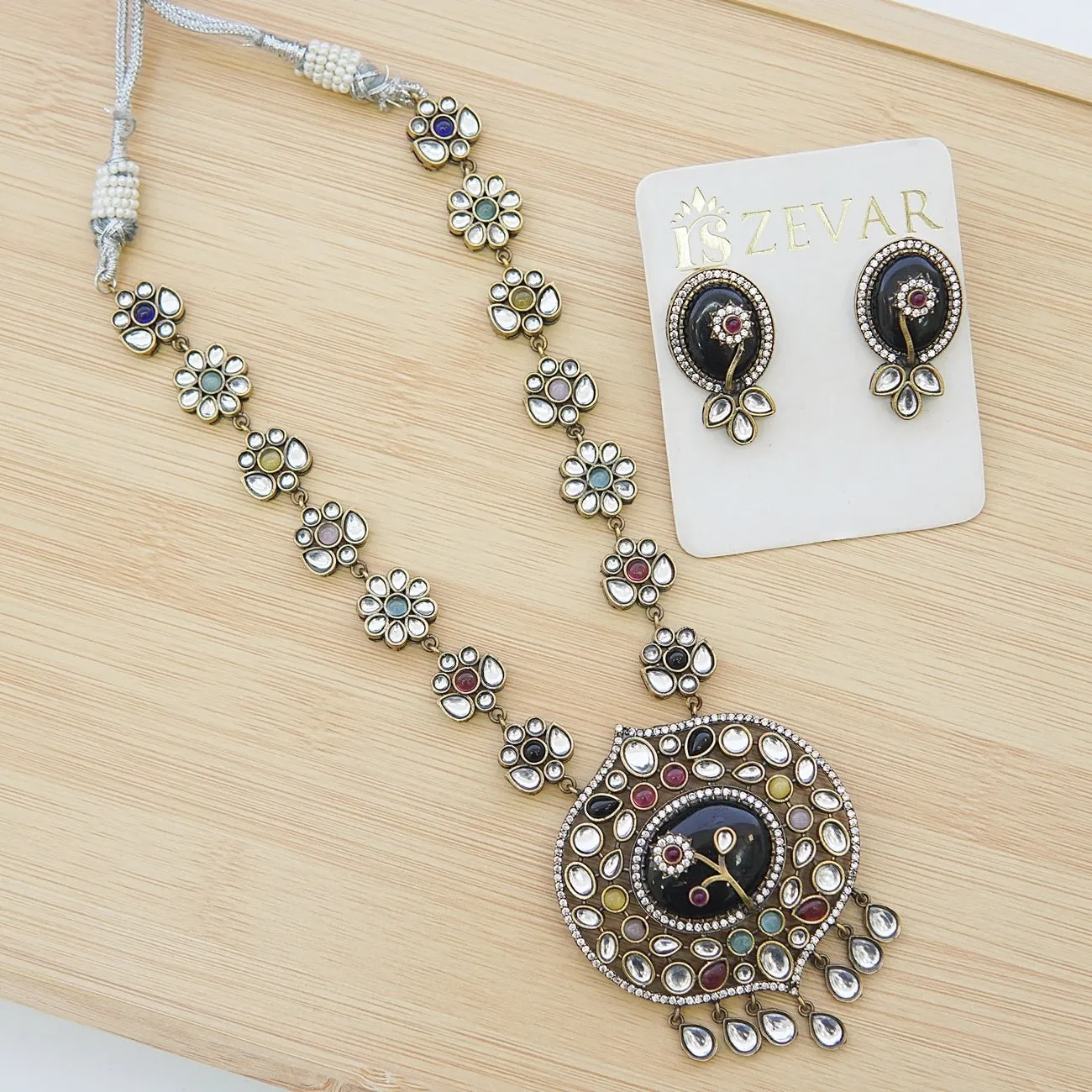 Jaipuri Kundan Oxidized Plating Pendant Set