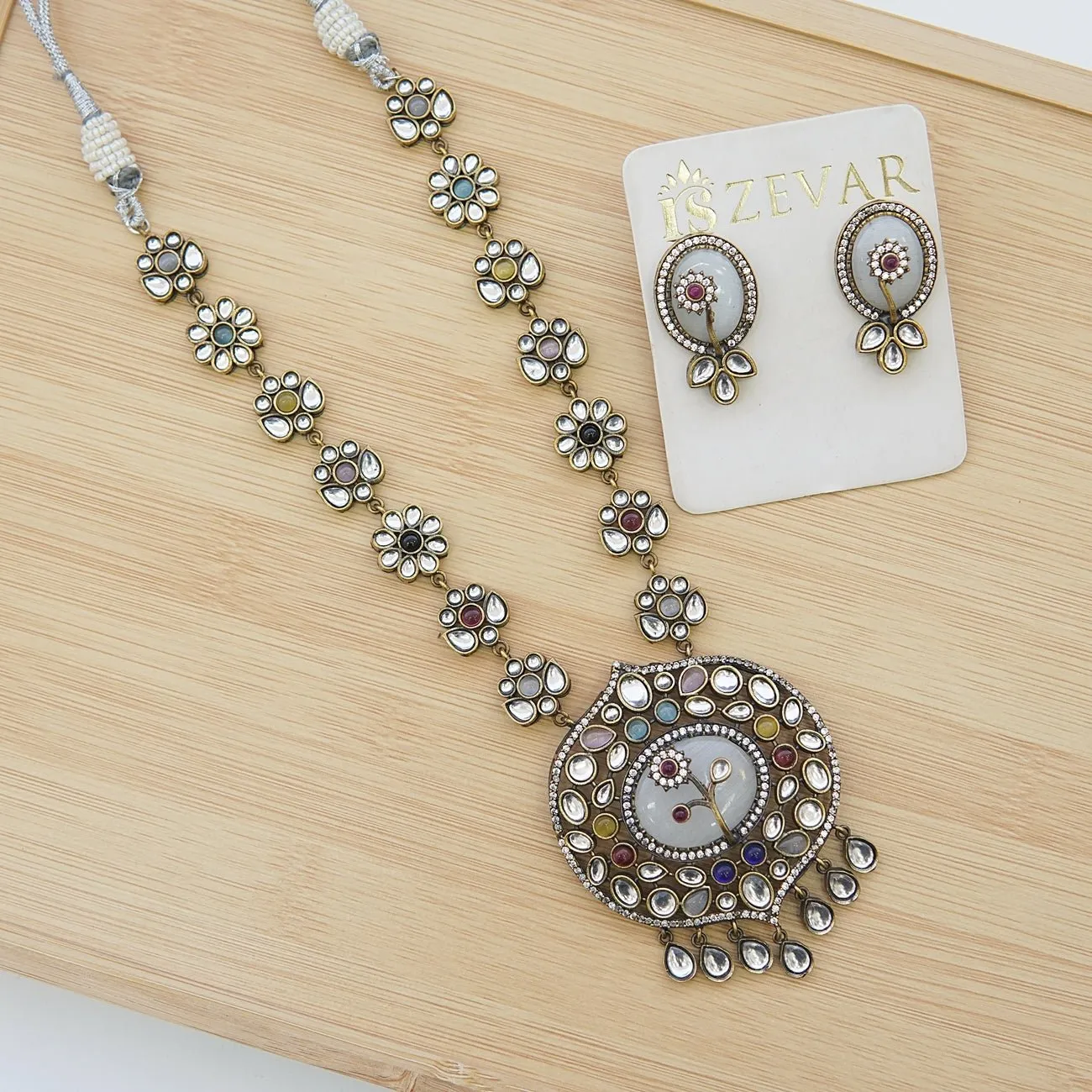 Jaipuri Kundan Oxidized Plating Pendant Set