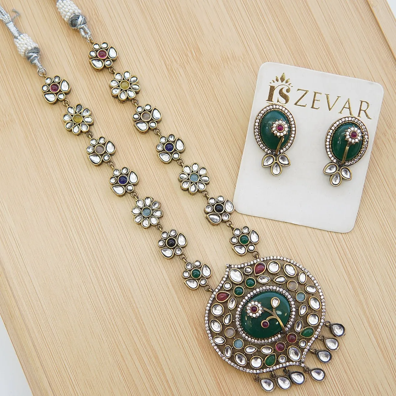 Jaipuri Kundan Oxidized Plating Pendant Set
