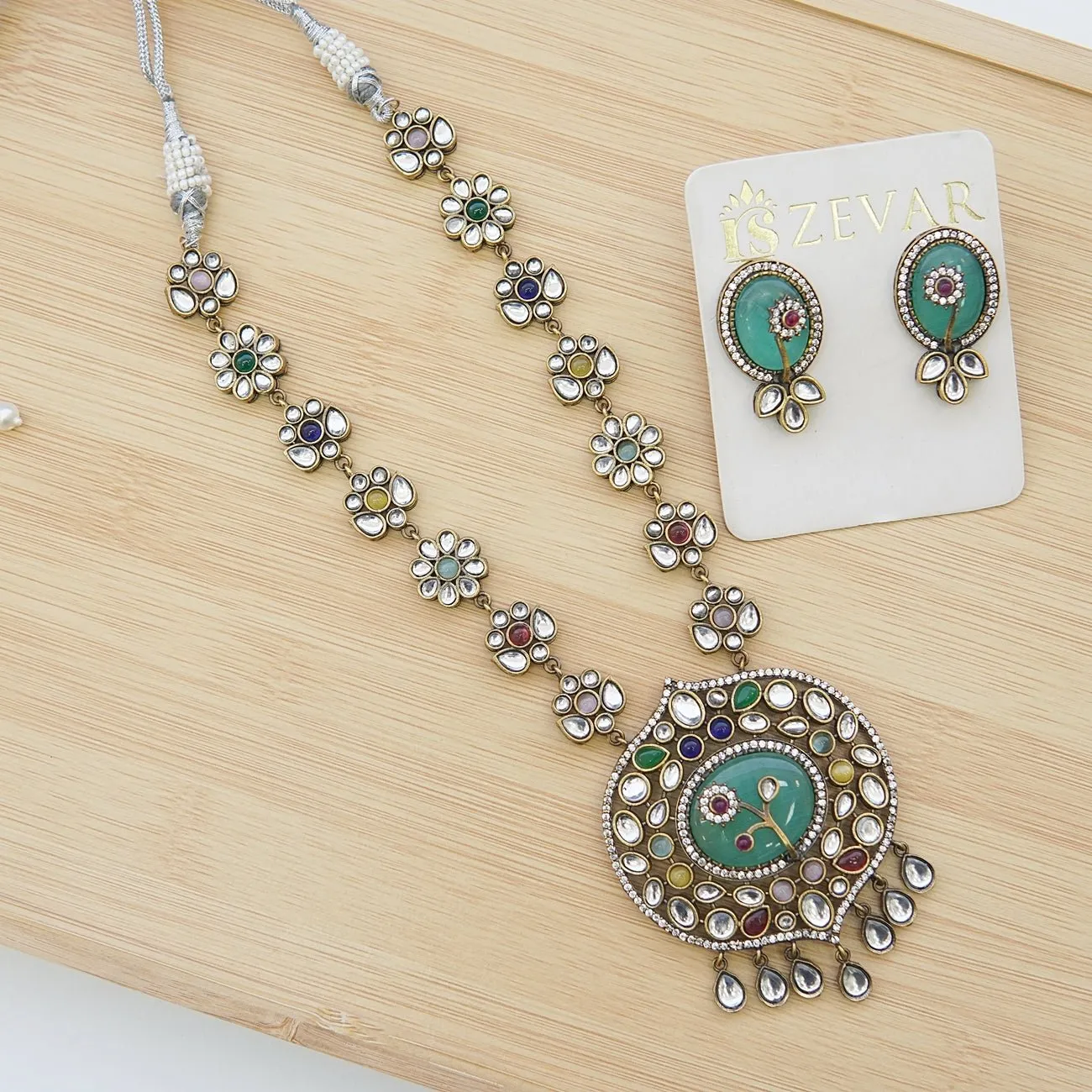 Jaipuri Kundan Oxidized Plating Pendant Set