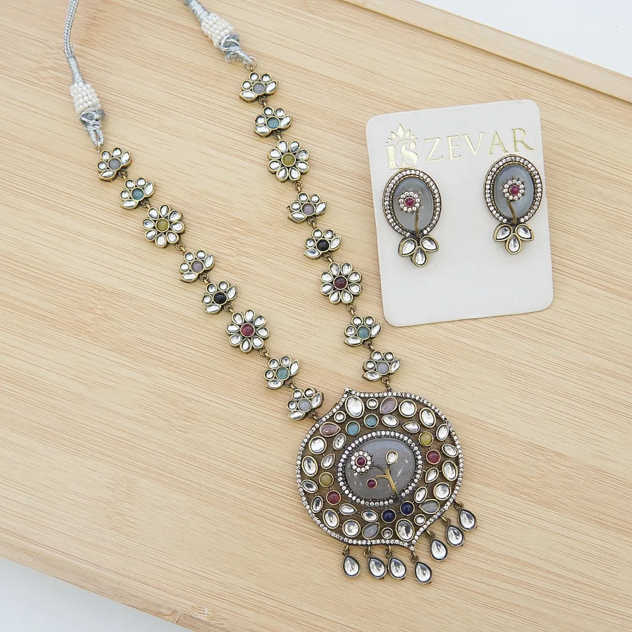 Jaipuri Kundan Oxidized Plating Pendant Set