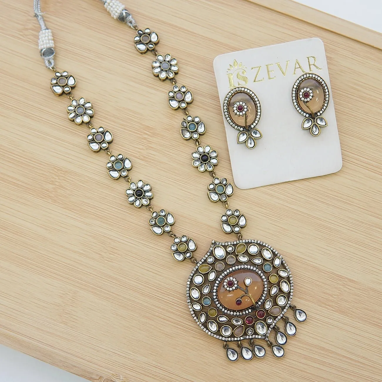 Jaipuri Kundan Oxidized Plating Pendant Set