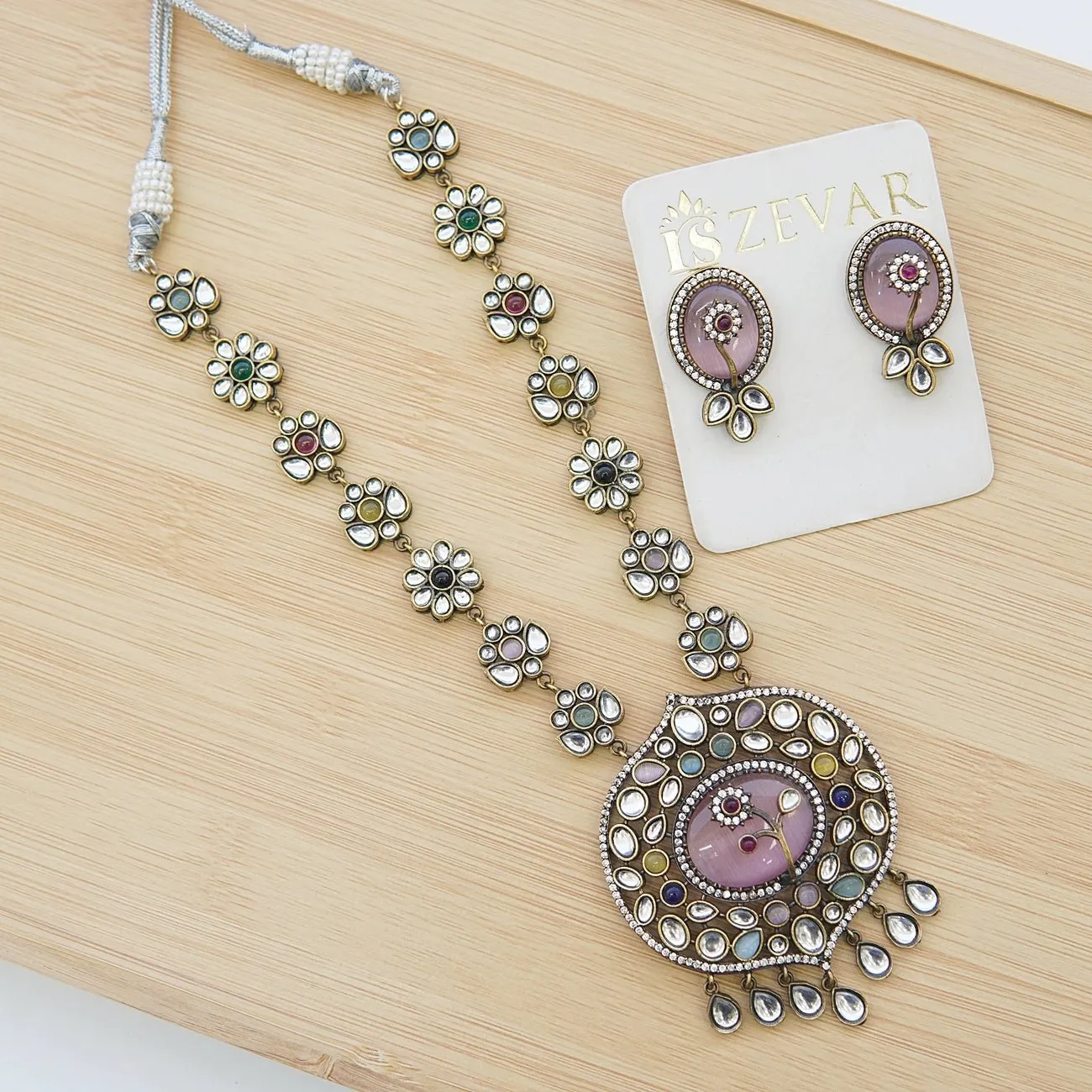 Jaipuri Kundan Oxidized Plating Pendant Set