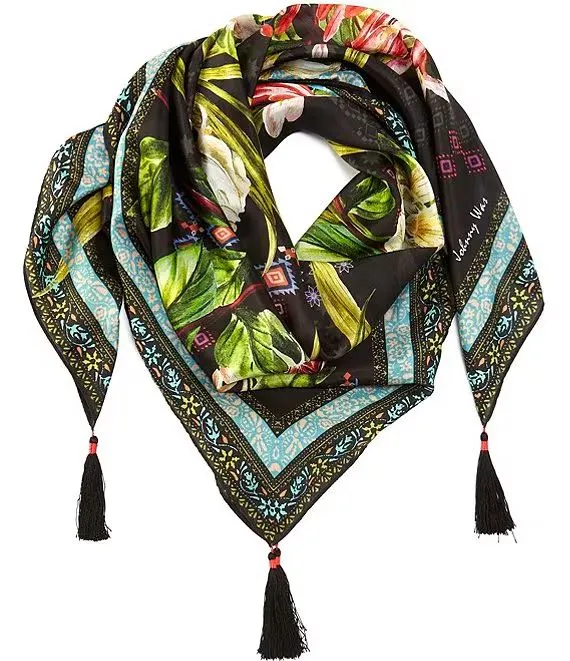 Johnny Was Iris Whisper Silk Scarf Floral Square Large Flowers Tassels Black NEW