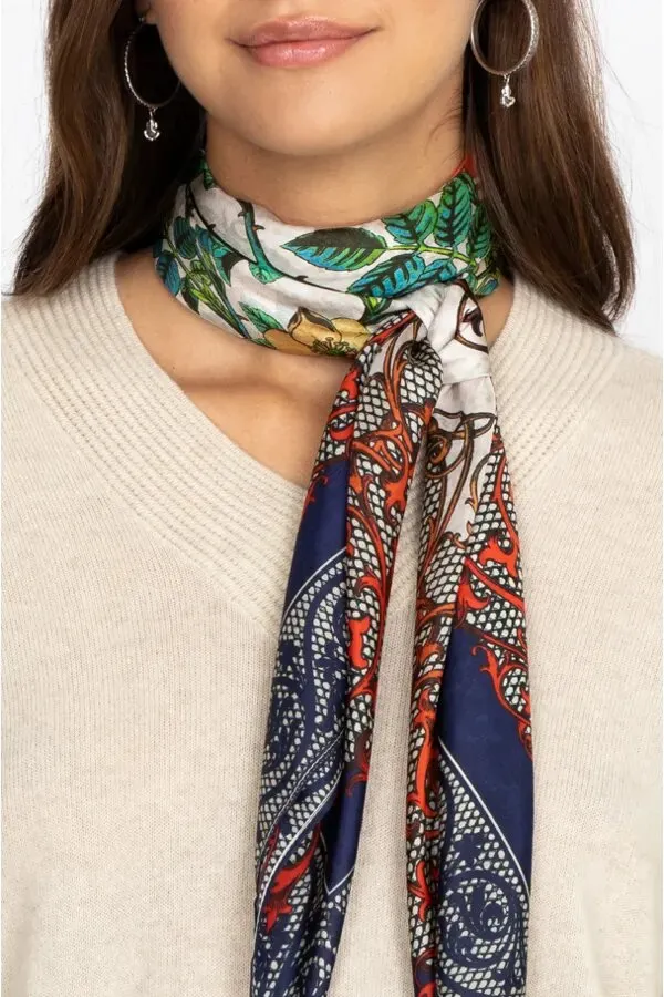 Johnny Was Lace Scarf Silk Square Large Green Flowers Blue Tassels Scarves New
