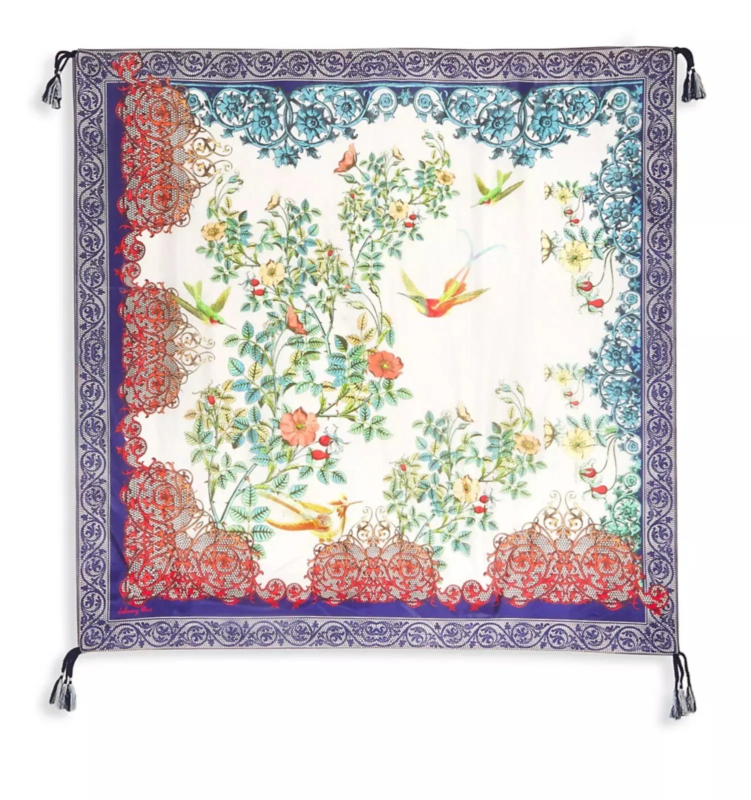 Johnny Was Lace Scarf Silk Square Large Green Flowers Blue Tassels Scarves New