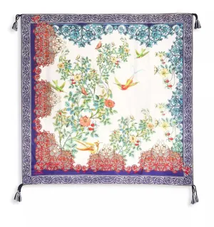 Johnny Was Lace Scarf Silk Square Large Green Flowers Blue Tassels Scarves New