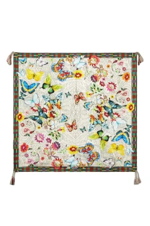 Johnny Was Mitchie Butterfly Silk Scarf Square Large Floral Tassels White NEW