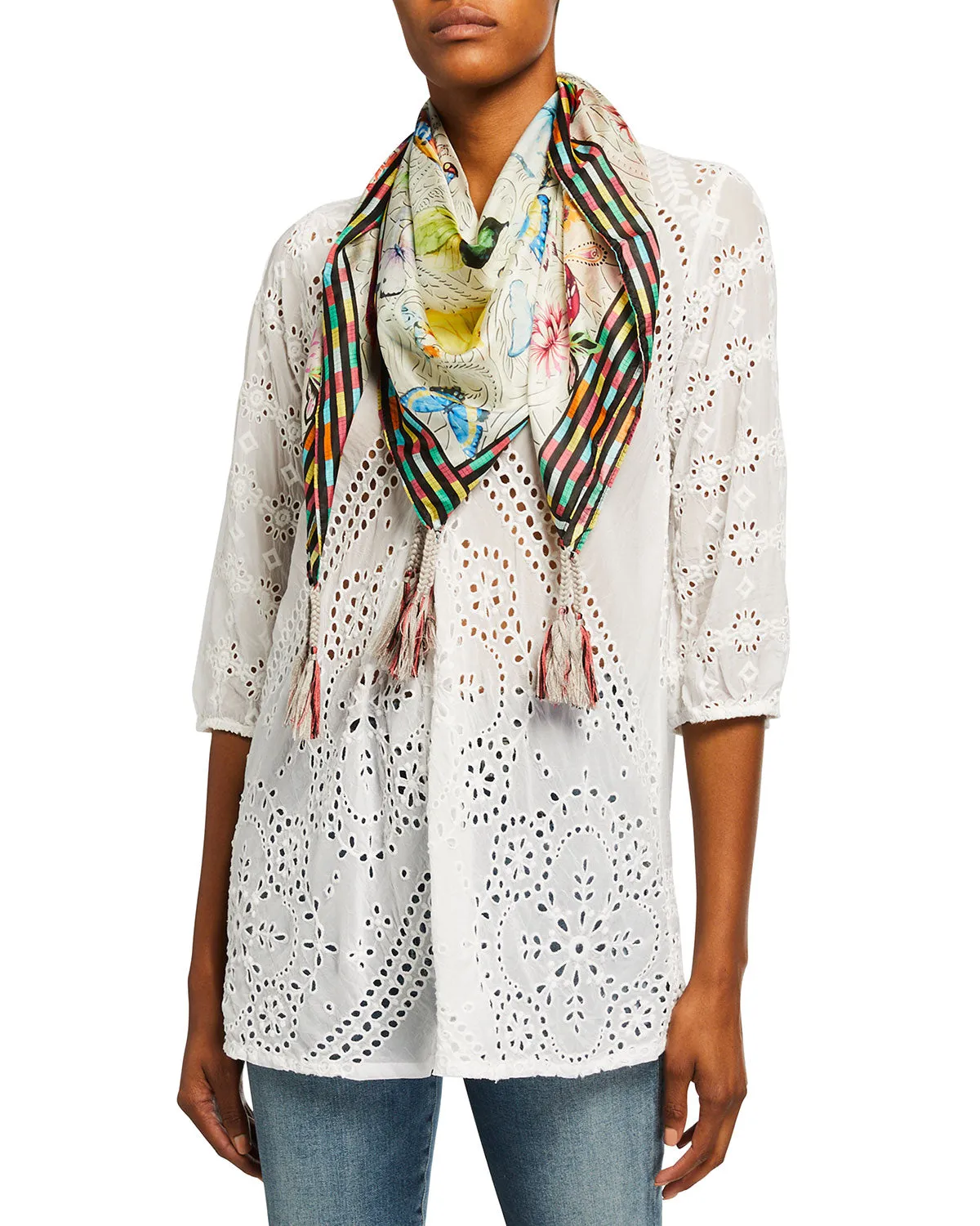 Johnny Was Mitchie Butterfly Silk Scarf Square Large Floral Tassels White NEW