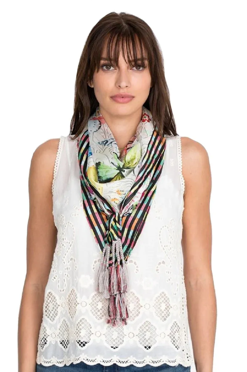 Johnny Was Mitchie Butterfly Silk Scarf Square Large Floral Tassels White NEW