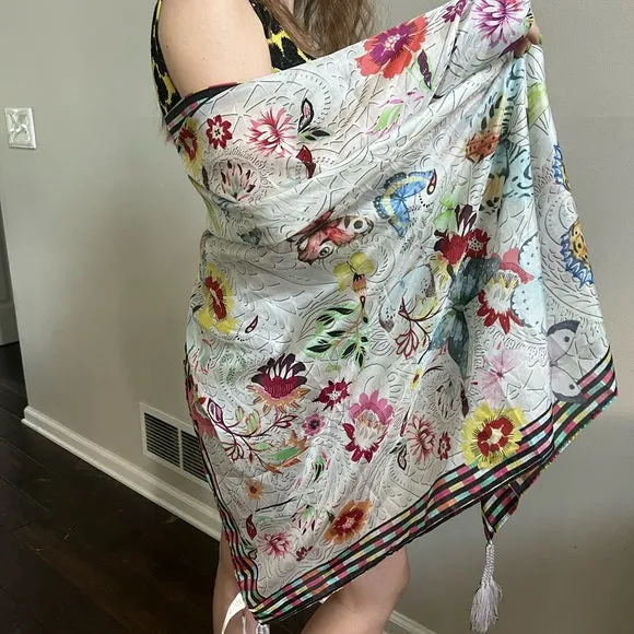 Johnny Was Mitchie Butterfly Silk Scarf Square Large Floral Tassels White NEW