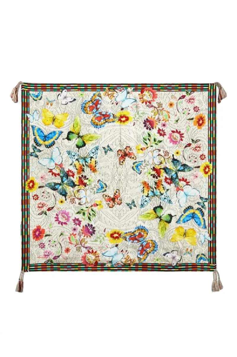 Johnny Was Mitchie Butterfly Silk Scarf Square Large Floral Tassels White NEW
