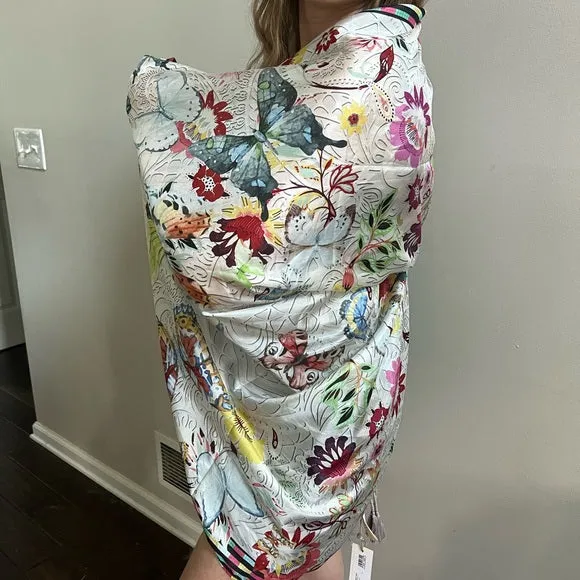 Johnny Was Mitchie Butterfly Silk Scarf Square Large Floral Tassels White NEW