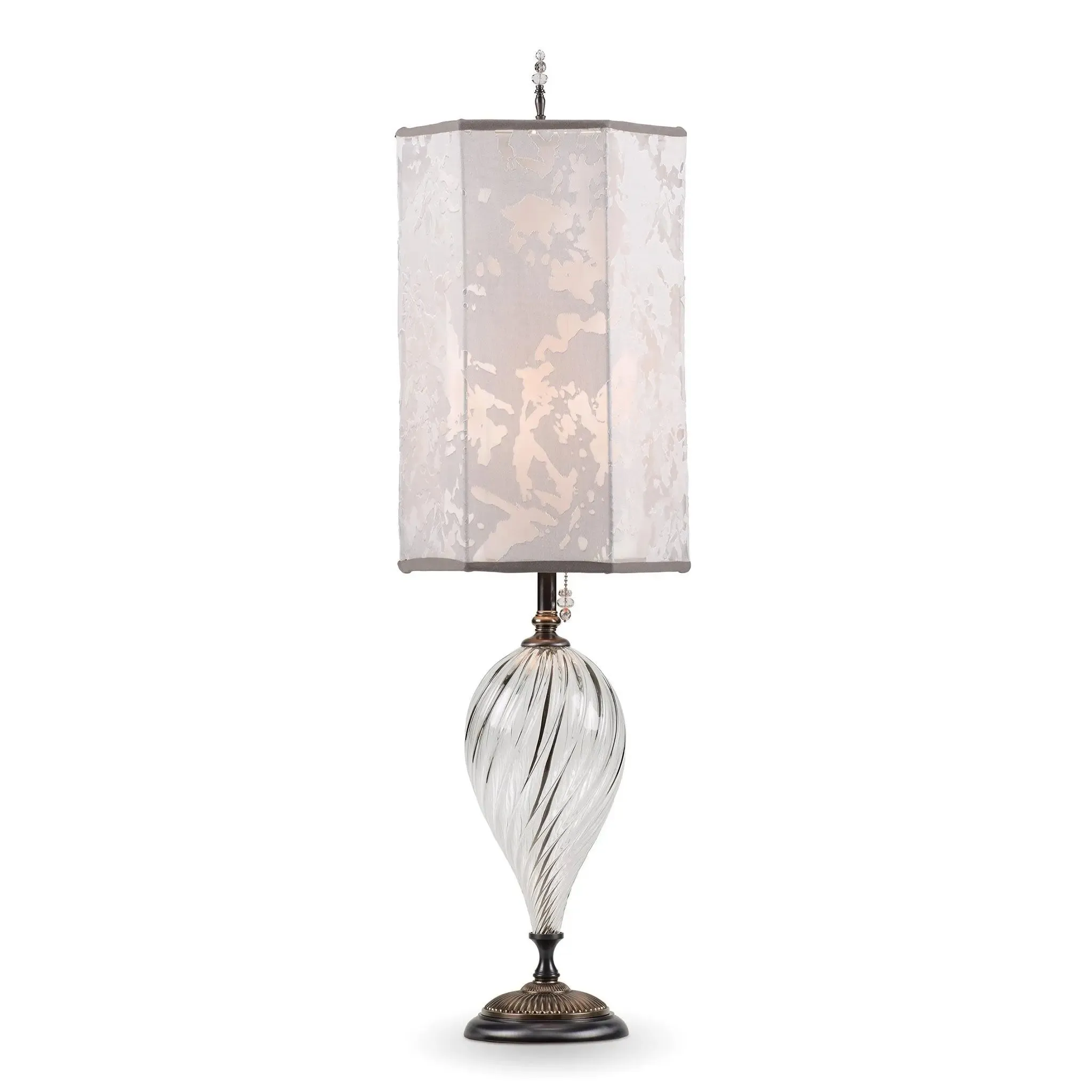 Julianna Table Lamp 178 Ar 154 by Kinzig Design, Colors Clear Silver Blown Glass, Hexagonal Silver Gray Patterned Fabric Shade