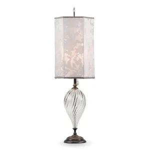 Julianna Table Lamp 178 Ar 154 by Kinzig Design, Colors Clear Silver Blown Glass, Hexagonal Silver Gray Patterned Fabric Shade