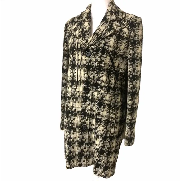 Kenneth Cole Black &amp; Cream Plaid Houndstooth Winter Coat