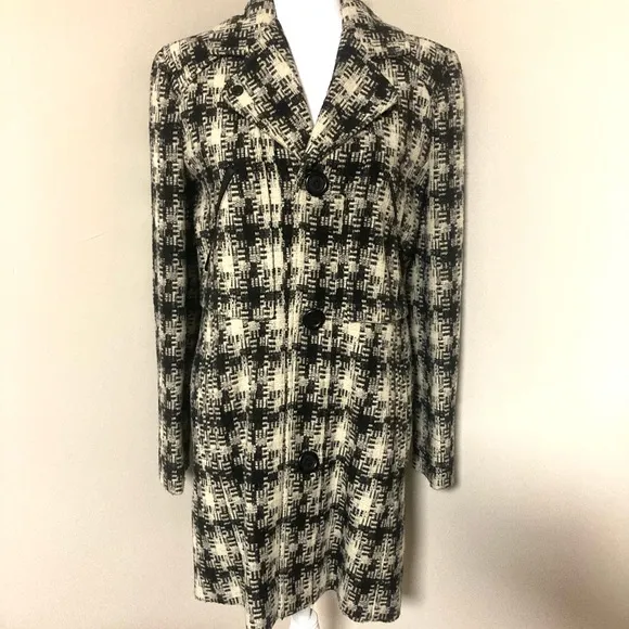 Kenneth Cole Black &amp; Cream Plaid Houndstooth Winter Coat