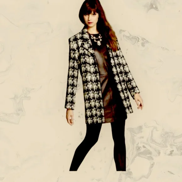 Kenneth Cole Black &amp; Cream Plaid Houndstooth Winter Coat