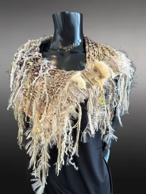 Knit beige beige yellow Cowl with fringe and clasp, cowgirl style , boho style scarf