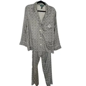 Lauren Ralph Lauren Satin Houndstooth Monogramed Pajamas Black White Large