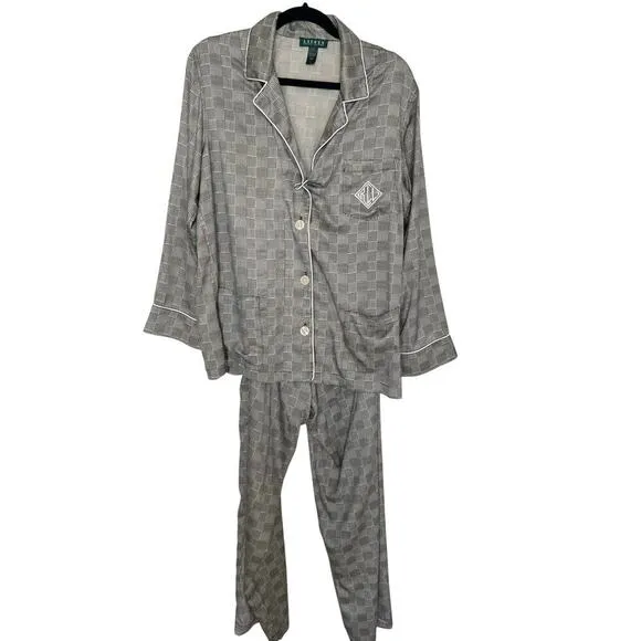 Lauren Ralph Lauren Satin Houndstooth Monogramed Pajamas Black White Large