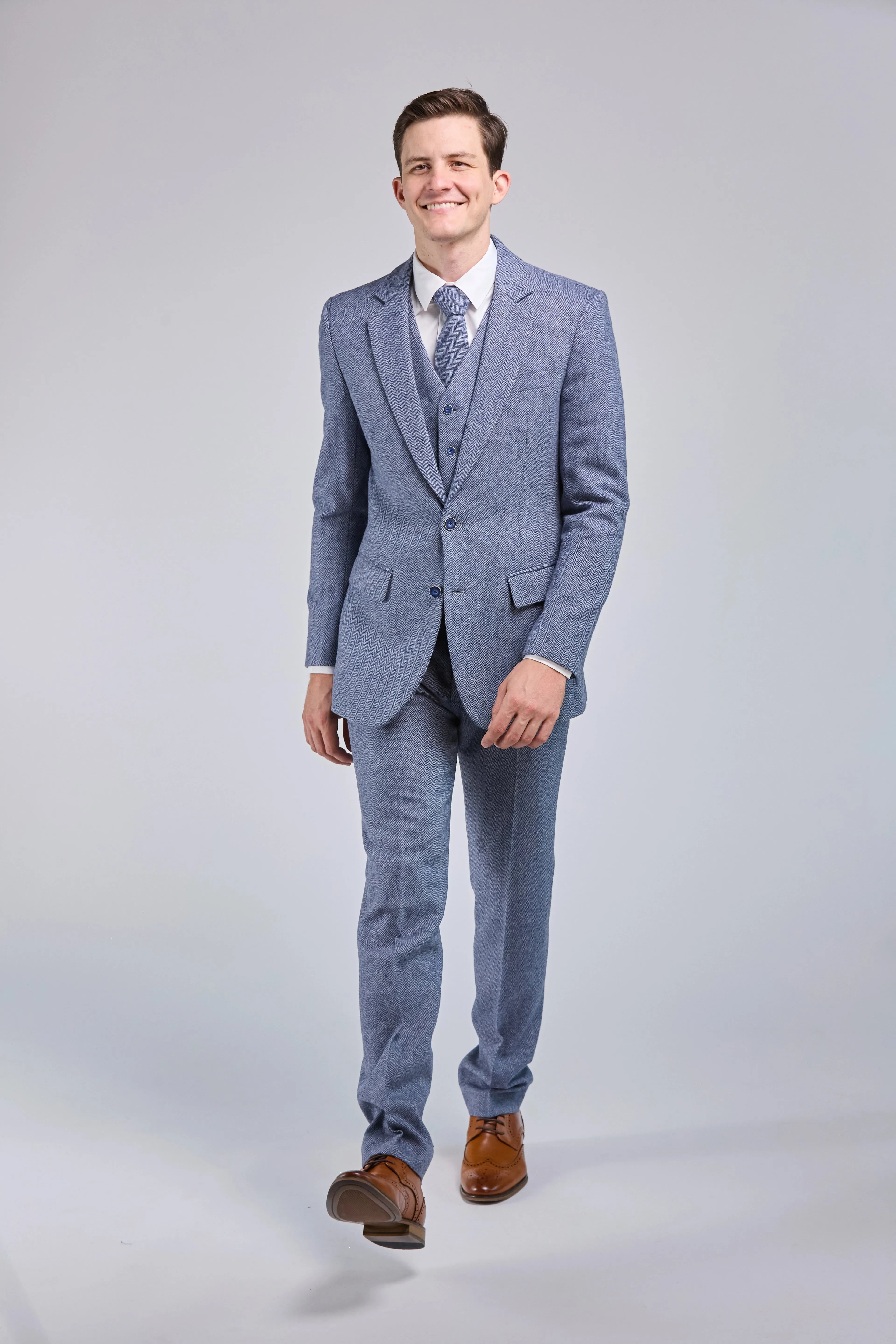 Light Blue Herringbone Tweed 3 Piece Suit - Limited