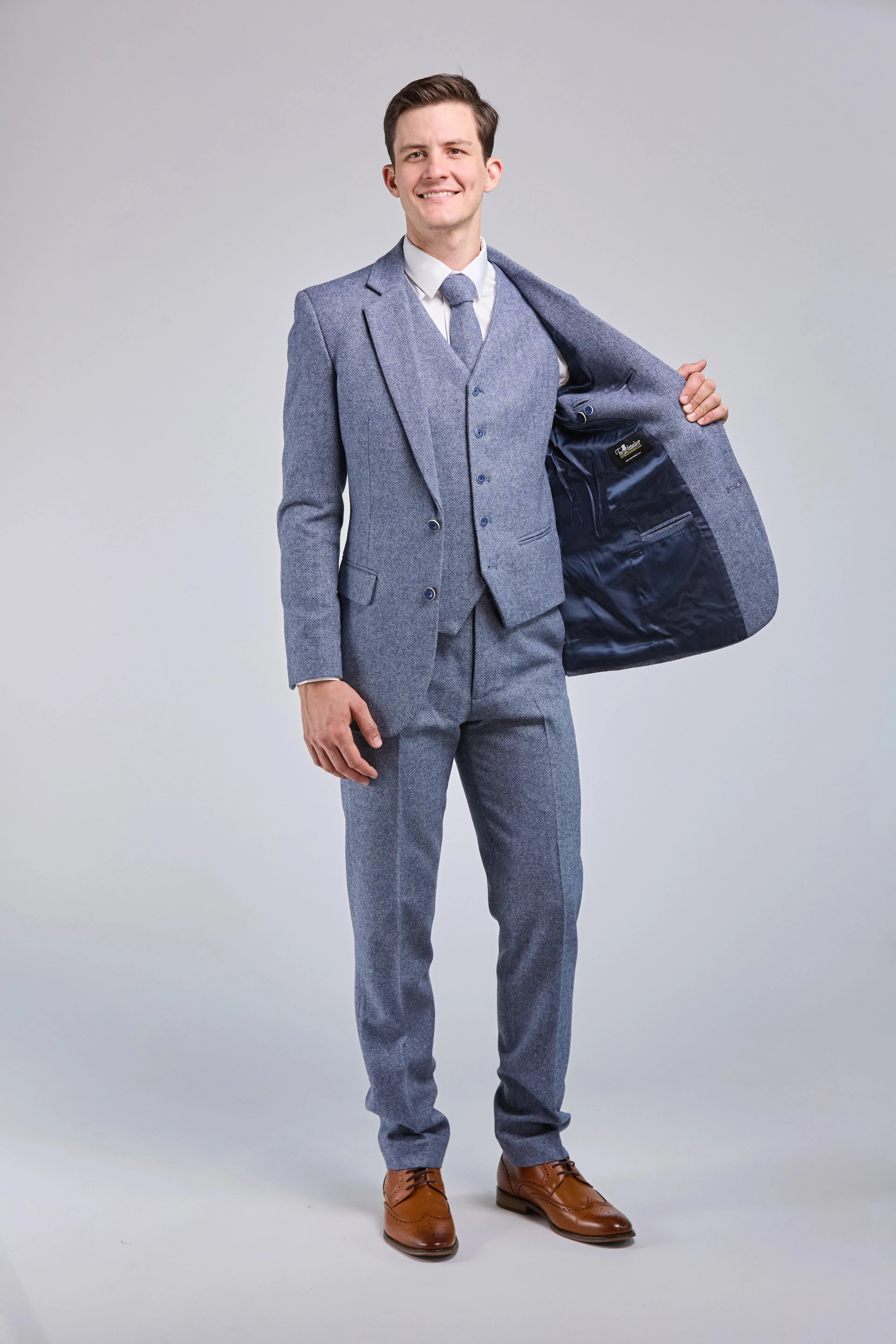 Light Blue Herringbone Tweed 3 Piece Suit - Limited