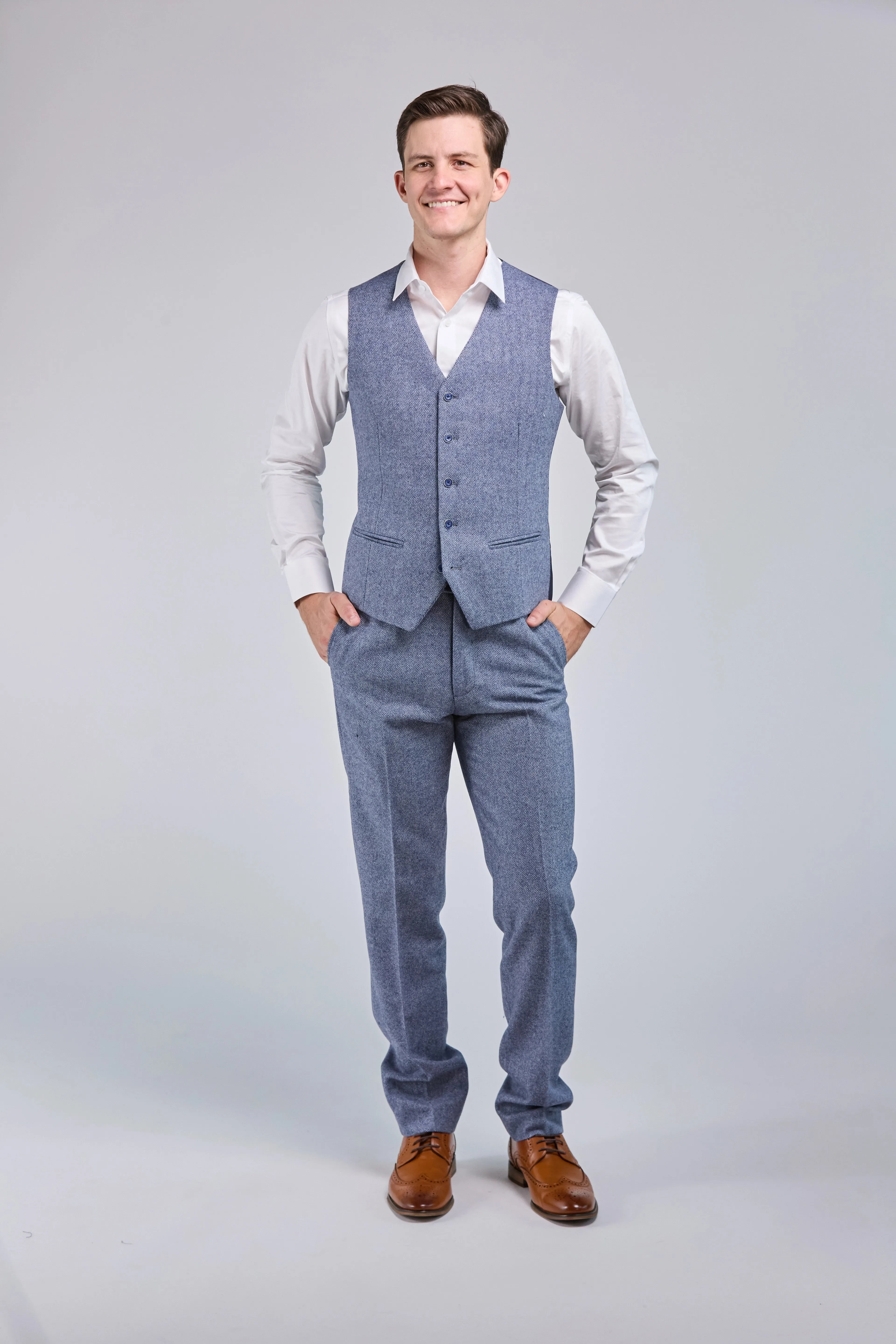 Light Blue Herringbone Tweed 3 Piece Suit - Limited