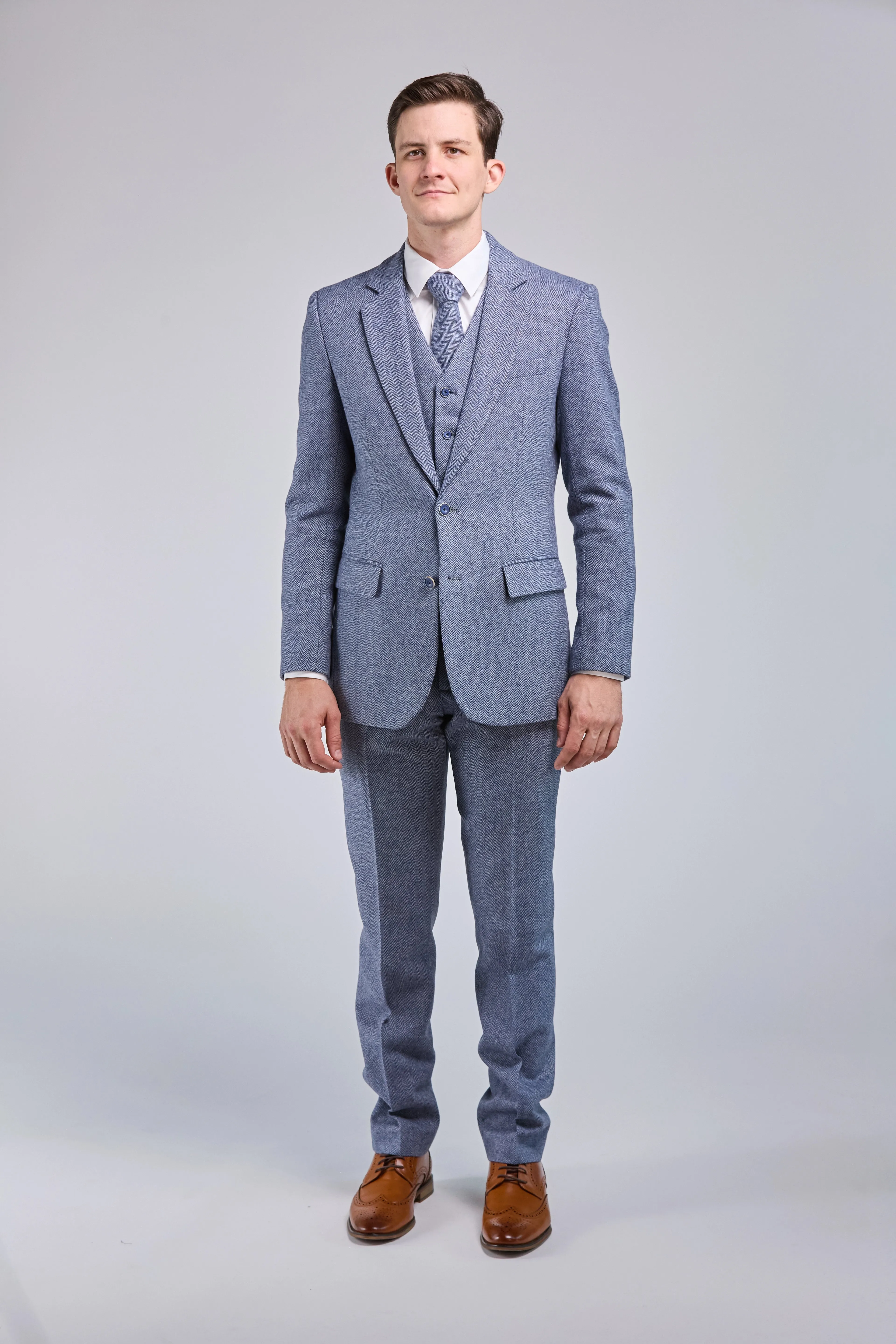 Light Blue Herringbone Tweed 3 Piece Suit - Limited