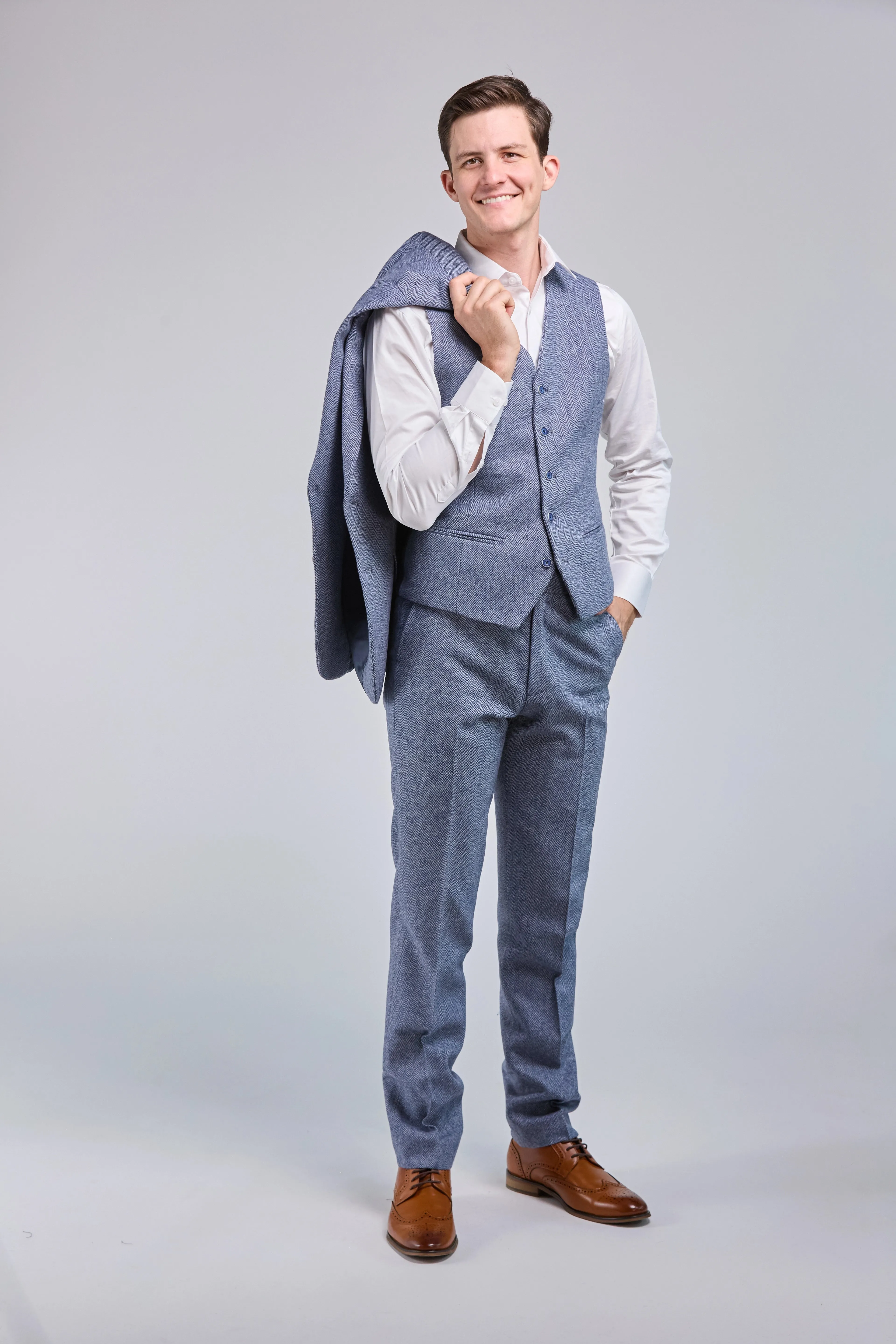 Light Blue Herringbone Tweed 3 Piece Suit - Limited