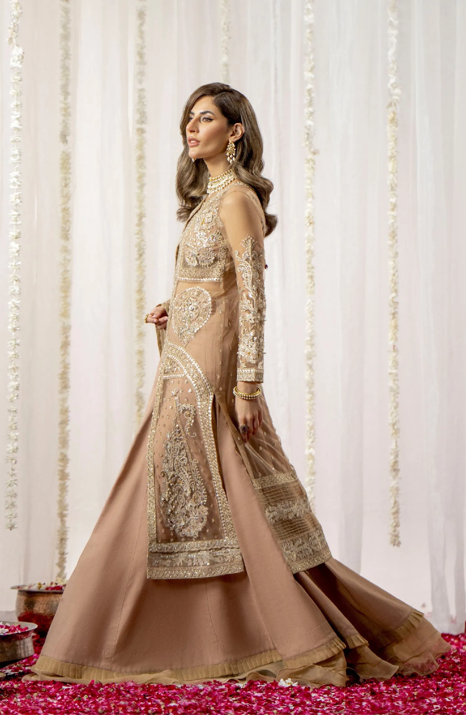 Luxury Beige Embroidered Pakistani Wedding Dress Gown Style Pishwas