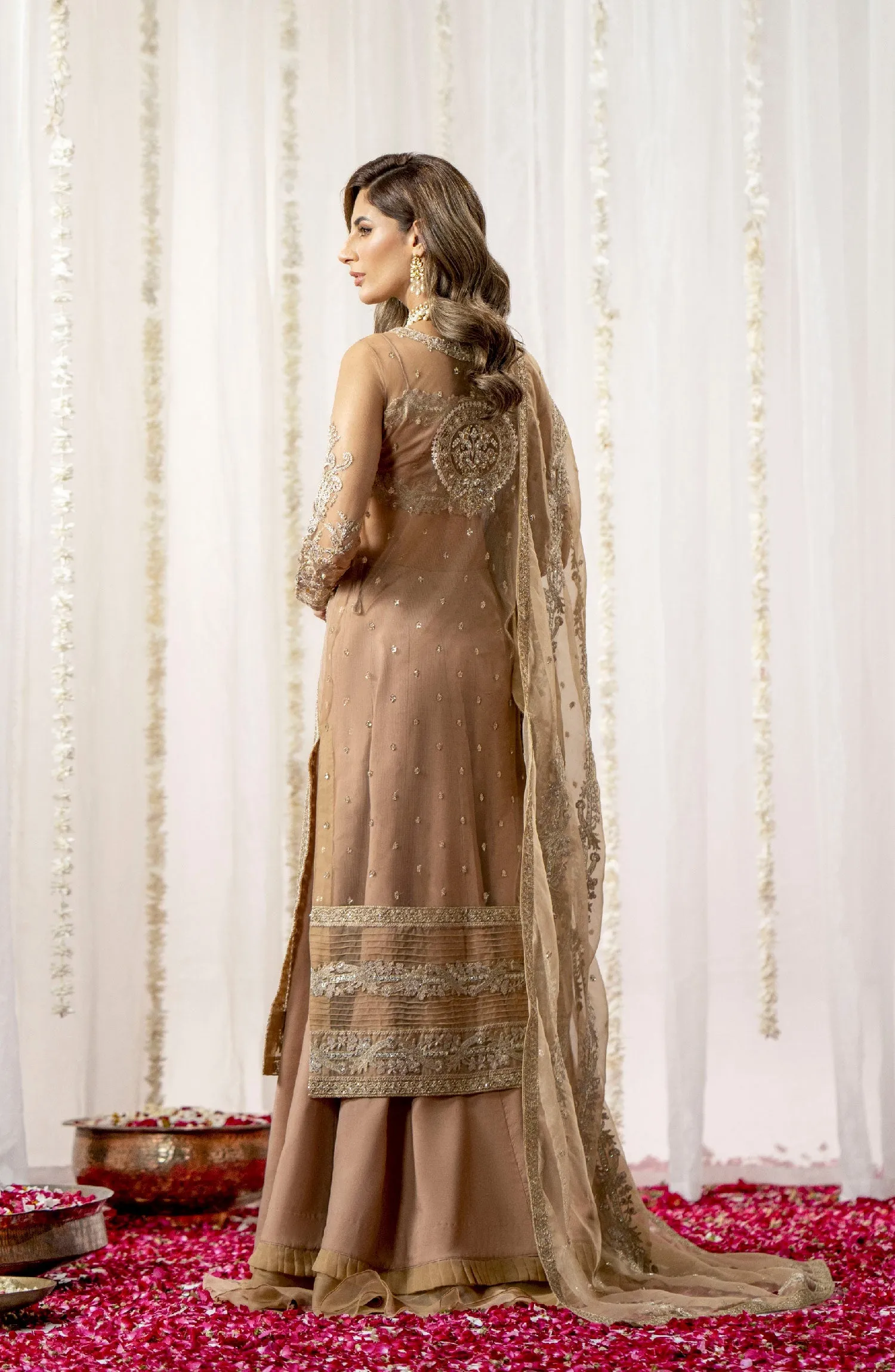 Luxury Beige Embroidered Pakistani Wedding Dress Gown Style Pishwas