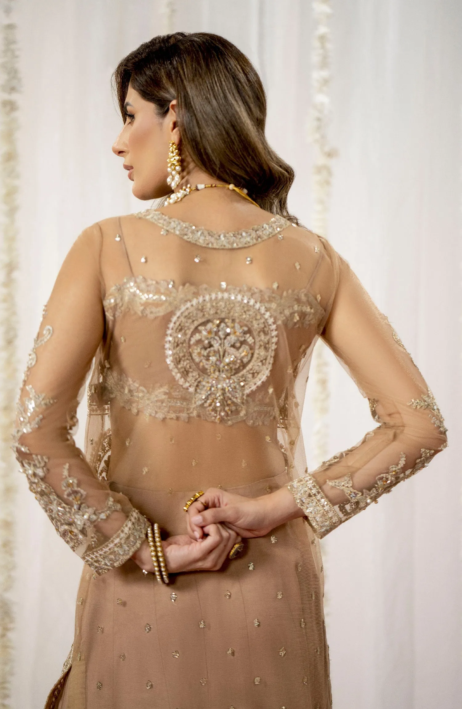 Luxury Beige Embroidered Pakistani Wedding Dress Gown Style Pishwas