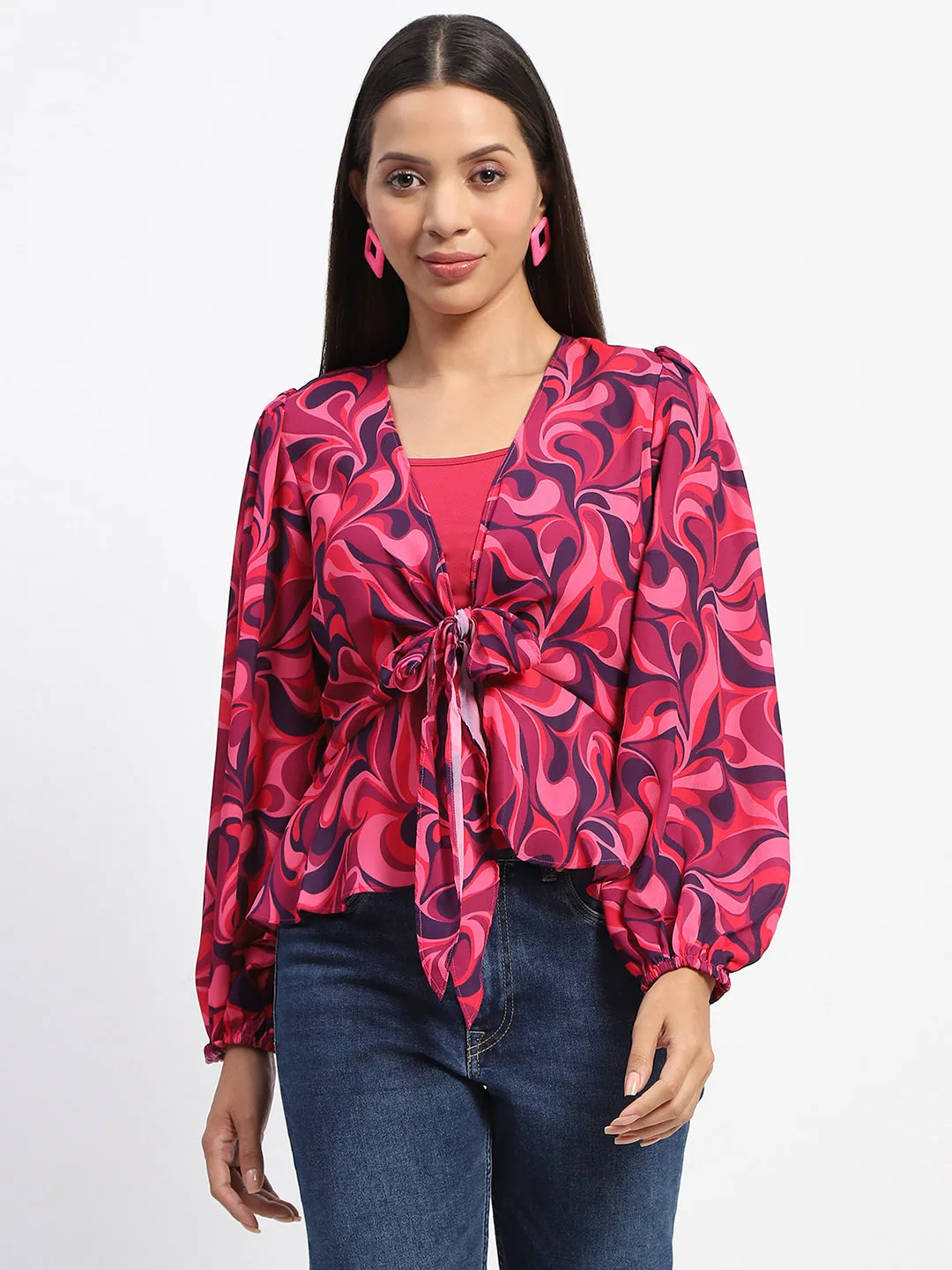 Madame Abstract Print Tie Front Pink Top