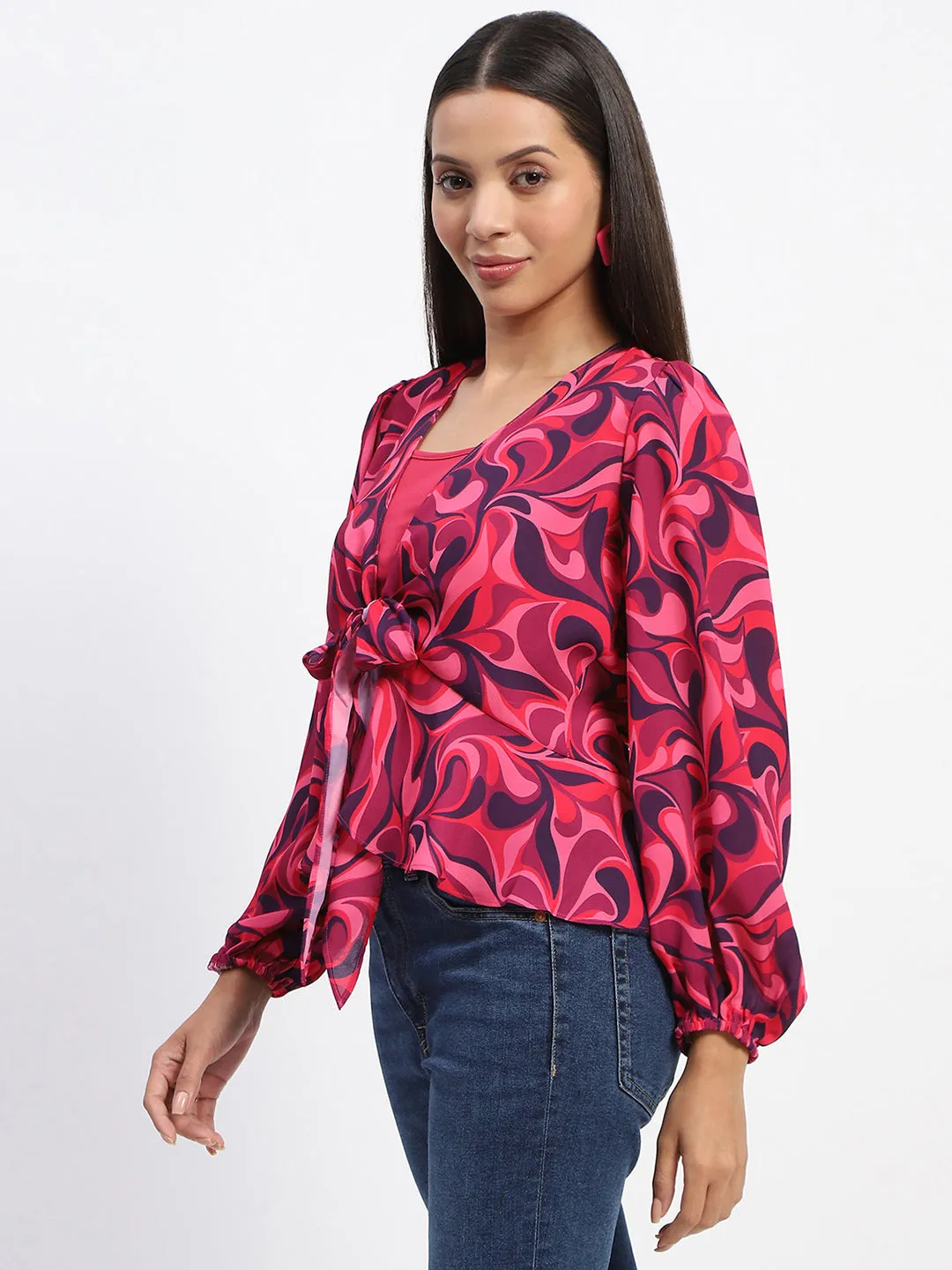 Madame Abstract Print Tie Front Pink Top