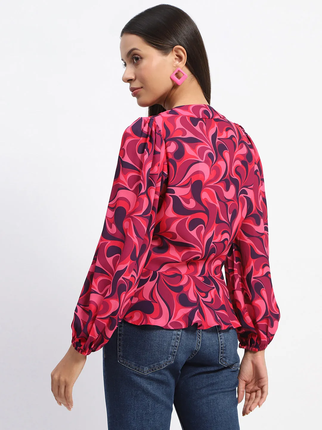 Madame Abstract Print Tie Front Pink Top